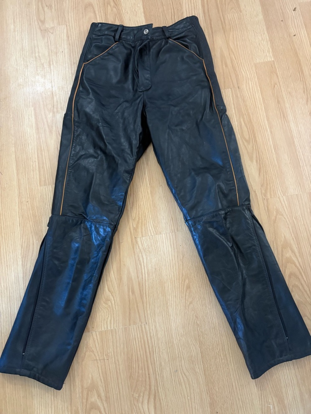 Black Straight-Leg Leather Pants with Contrast Piping